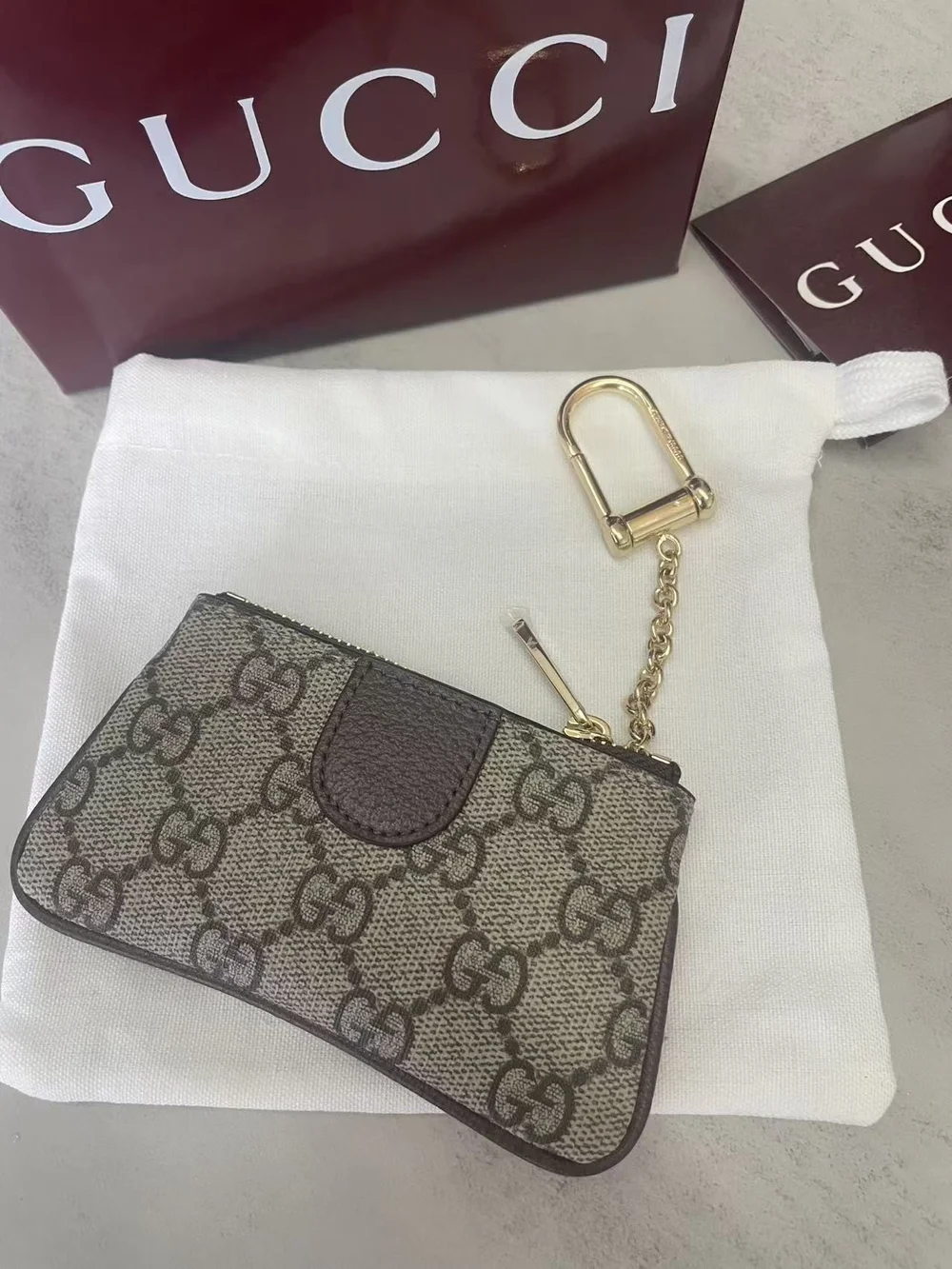 Gucci Brown Beige GG Supreme Web Key & Card Holder with Gold Hardware
